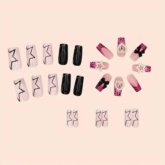 24-Piece Medium Square Pink Press-On Nails - Winter Collection French Nail Art Tips with Charms and Pentagram Design, Full Coverage Acrylic Nail Kit