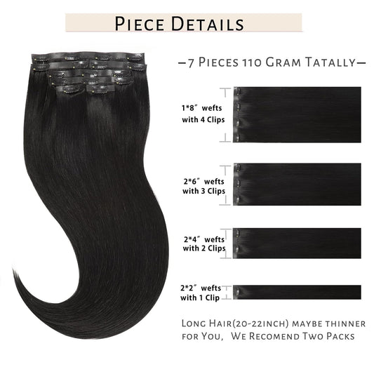 18-Inch Jet Black Seamless Remy Human Hair Extensions with Ultra Invisible Skin Weft Clip-Ins, 7 Pieces, 110 Grams, Full Head PU Straight Hair Extensions