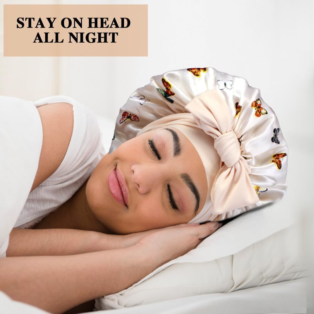 Set of 2 Large Satin Bonnets with Scrunchies for Women - Sleep Bonnet for Braids and Curly Hair