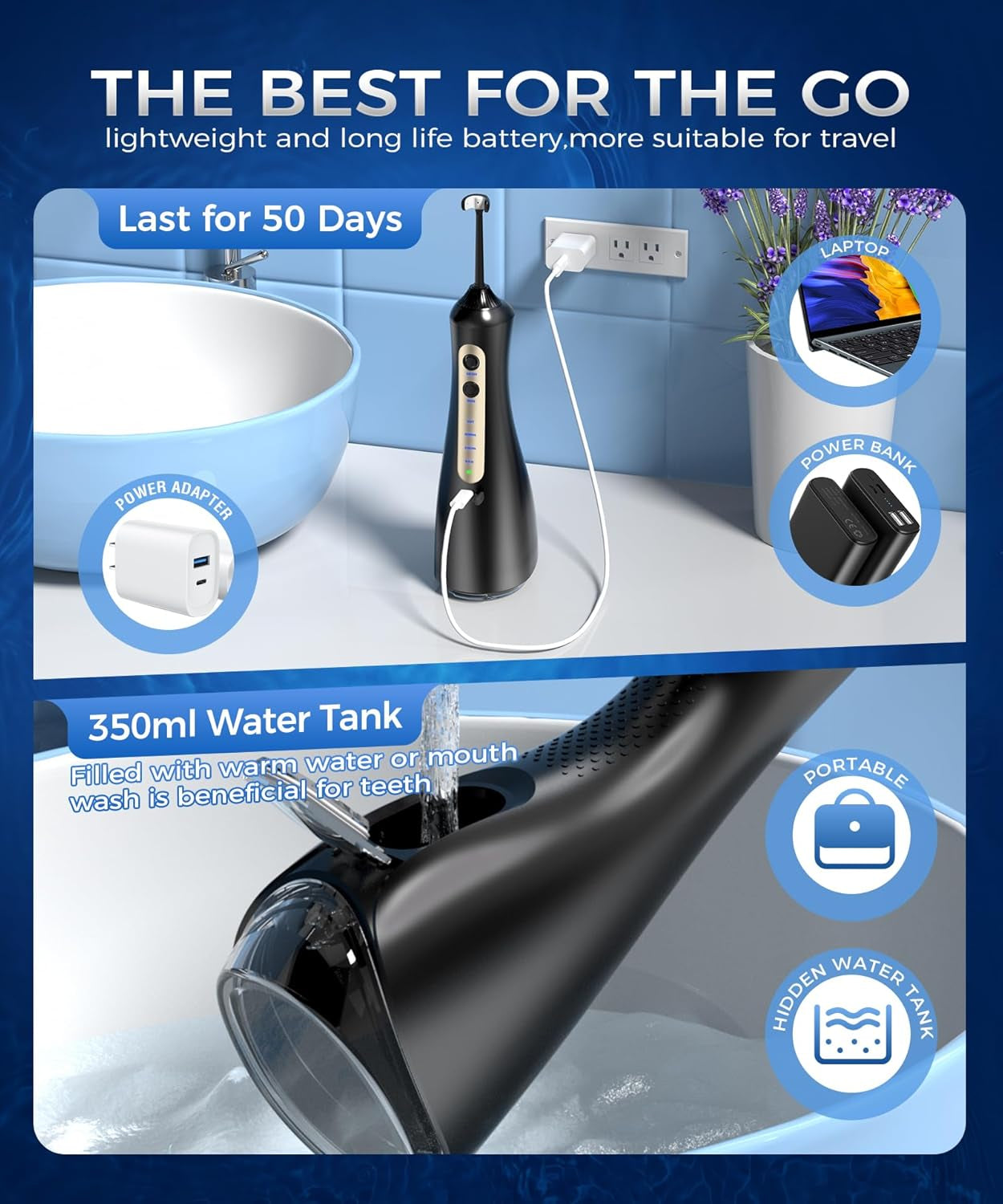Rechargeable Water Flosser with Unique U-Shaped Tip, 8 Replacement Tips, 4 Modes, 350 ML Water Tank, and IPX8 Waterproof Design for Home and Travel - Black