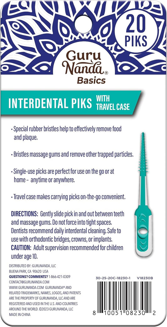 Interdental Picks with Travel Case - Floss Tooth Pick for Teeth Cleaning - Flexible Rubber Bristles - 20 Picks