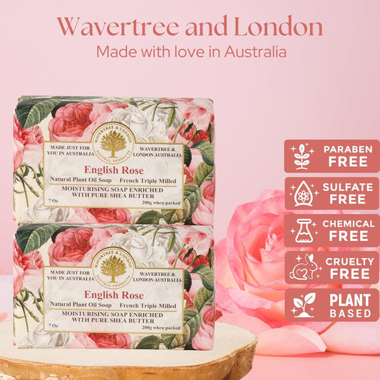 English Rose Scented Natural Soap Bars for All Skin Types (2 x 7 oz) – Moisturizing Triple-Milled Formula Enriched with Shea Butter – Plant-Based Bath and Body Bars for Men and Women