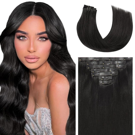 18-Inch Jet Black Seamless Remy Human Hair Extensions with Ultra Invisible Skin Weft Clip-Ins, 7 Pieces, 110 Grams, Full Head PU Straight Hair Extensions