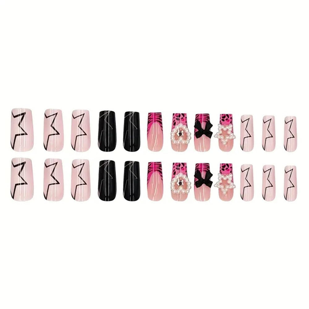 24-Piece Medium Square Pink Press-On Nails - Winter Collection French Nail Art Tips with Charms and Pentagram Design, Full Coverage Acrylic Nail Kit