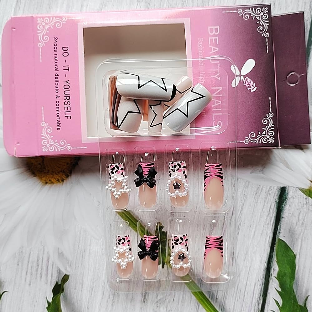 24-Piece Medium Square Pink Press-On Nails - Winter Collection French Nail Art Tips with Charms and Pentagram Design, Full Coverage Acrylic Nail Kit