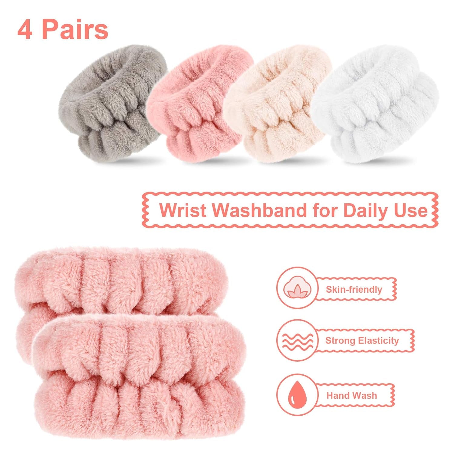 4 Pairs of Absorbent Microfiber Wrist Bands for Facial Washing and Spa Use - Stylish Sweatbands to Prevent Liquid Spillage