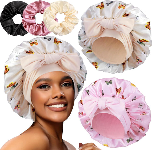 Set of 2 Large Satin Bonnets with Scrunchies for Women - Sleep Bonnet for Braids and Curly Hair