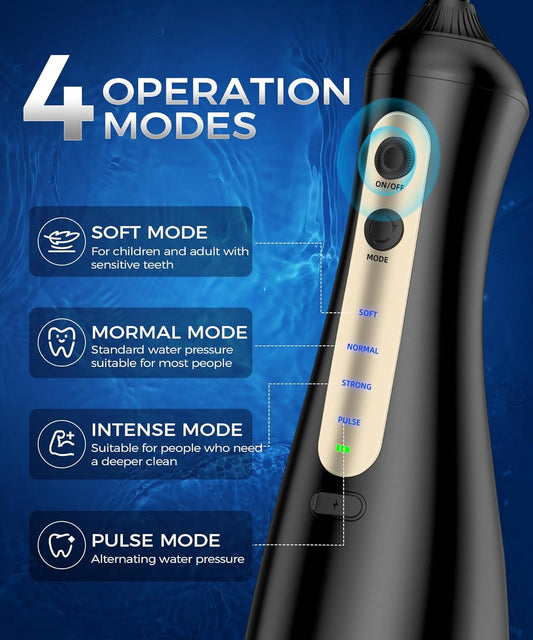 Rechargeable Water Flosser with Unique U-Shaped Tip, 8 Replacement Tips, 4 Modes, 350 ML Water Tank, and IPX8 Waterproof Design for Home and Travel - Black