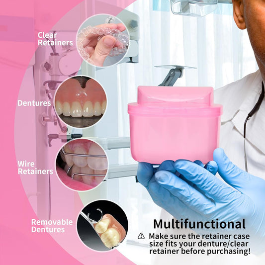 Dental Orthodontic Retainer Cleaning Case and Denture Bath Holder - Pink