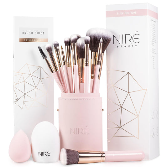 15-Piece Award-Winning Pink Makeup Brush Set with Case, Makeup Sponge, Brush Cleaner, Guide, and Gift Box