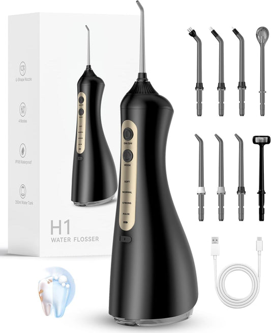 Rechargeable Water Flosser with Unique U-Shaped Tip, 8 Replacement Tips, 4 Modes, 350 ML Water Tank, and IPX8 Waterproof Design for Home and Travel - Black