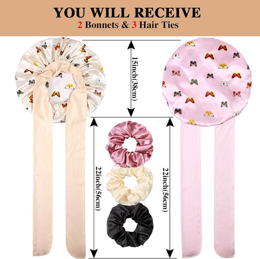 Set of 2 Large Satin Bonnets with Scrunchies for Women - Sleep Bonnet for Braids and Curly Hair